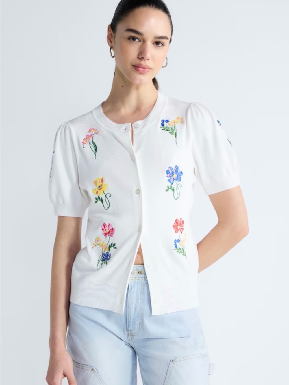 Embroidered White Puff-Sleeve Button-Down Top